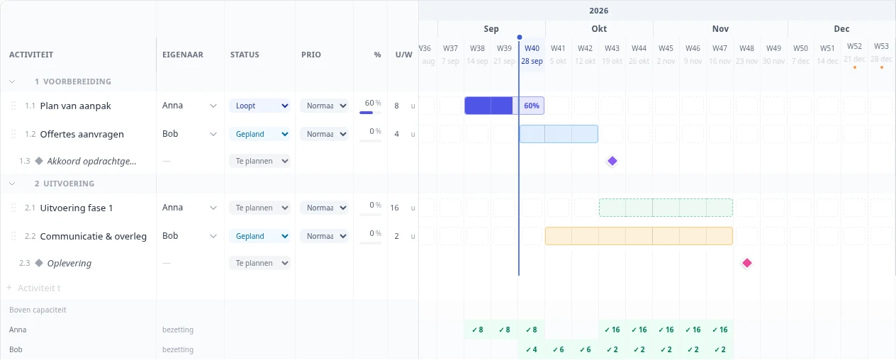 De fictieve voorbeeldplanning: de bezettingsregels tonen de uren van Anna en Bob binnen één planning